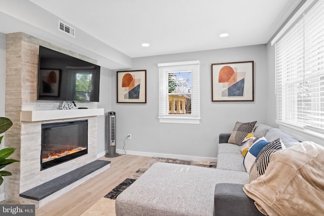 living room featuring a fireplace and light hardwood / wood-style floors