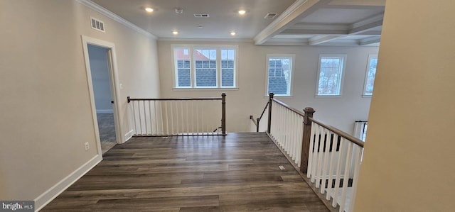 corridor with crown molding, dark hardwood / wood-style floors, and beamed ceiling