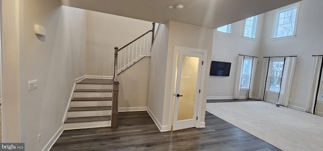 entrance foyer featuring a towering ceiling and dark wood-type flooring