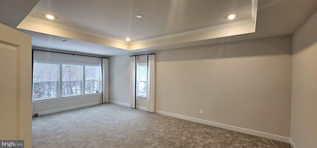 unfurnished room with ornamental molding, a raised ceiling, and carpet flooring