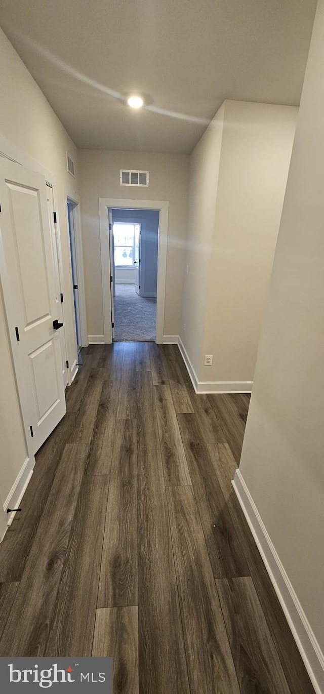 corridor with dark hardwood / wood-style flooring