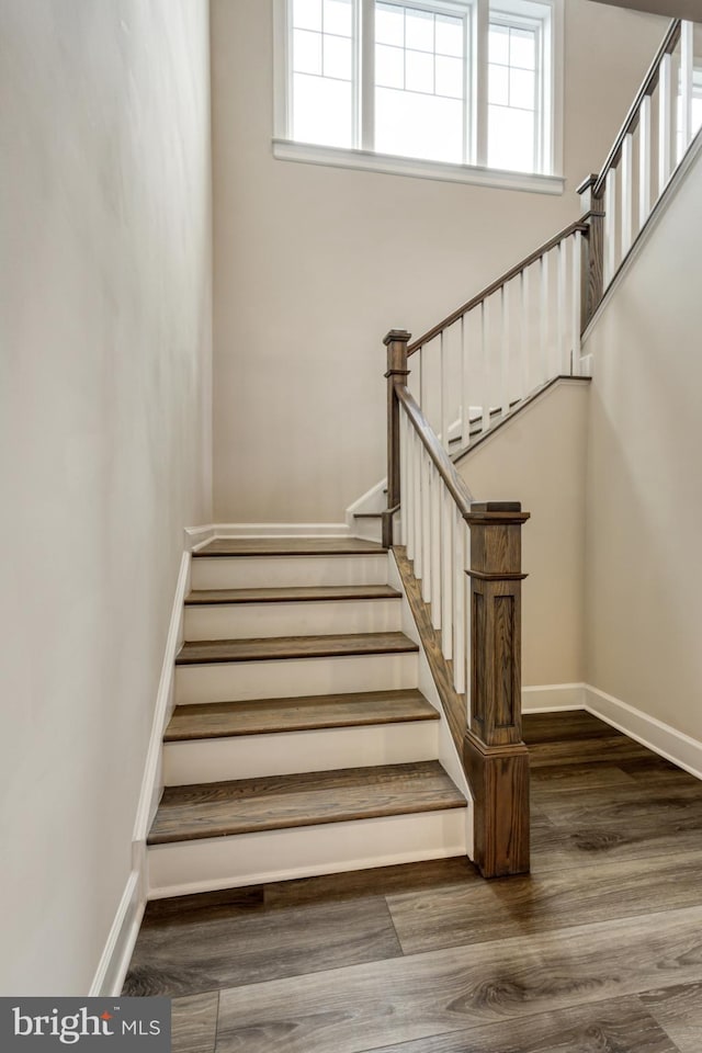 stairs featuring hardwood / wood-style floors