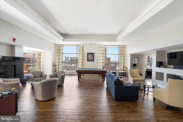 living room featuring a raised ceiling, dark hardwood / wood-style floors, and pool table