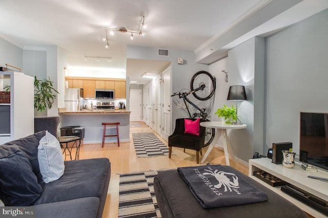 living room with crown molding, sink, rail lighting, and light wood-type flooring