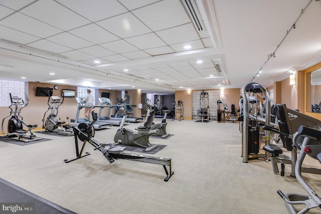 exercise room featuring light carpet