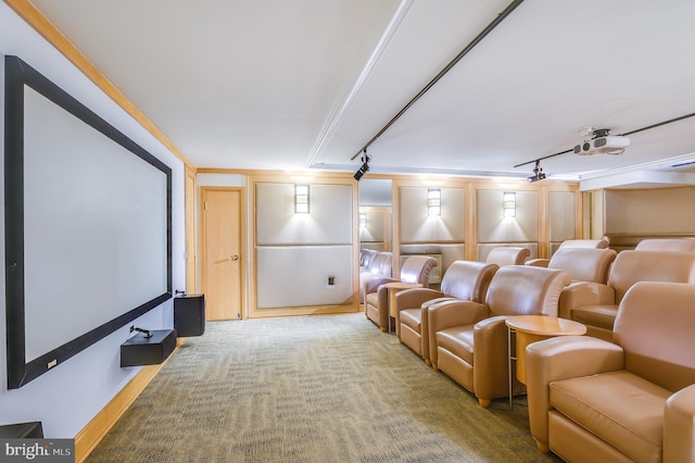 carpeted home theater with rail lighting and crown molding