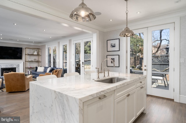 kitchen with crown molding, a healthy amount of sunlight, light wood-style floors, and a sink