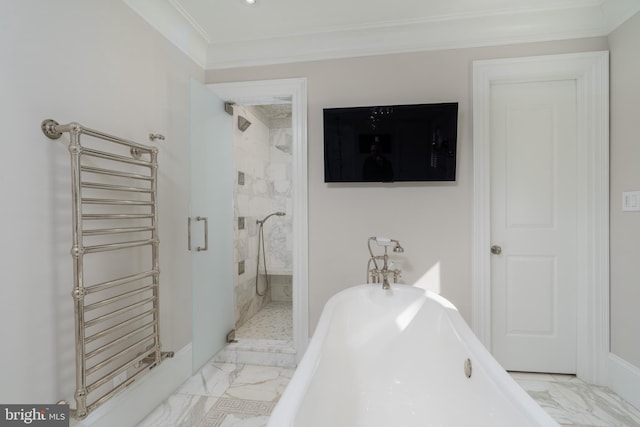 full bath featuring marble finish floor, a shower stall, and radiator heating unit