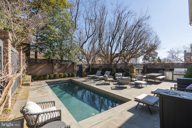 view of pool with area for grilling, a patio, a fenced backyard, outdoor lounge area, and a fenced in pool