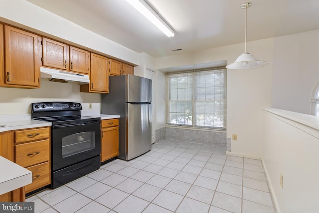 kitchen with stainless steel refrigerator, black electric range, light tile patterned flooring, and hanging light fixtures