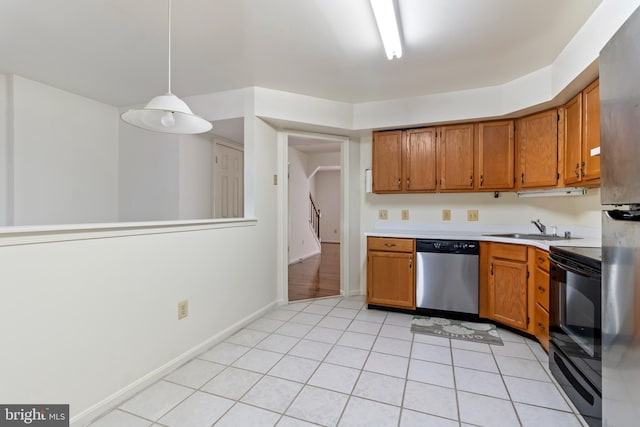 kitchen with dishwasher, black range with electric stovetop, sink, hanging light fixtures, and light tile patterned floors