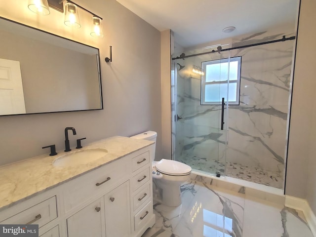 bathroom featuring walk in shower, vanity, and toilet