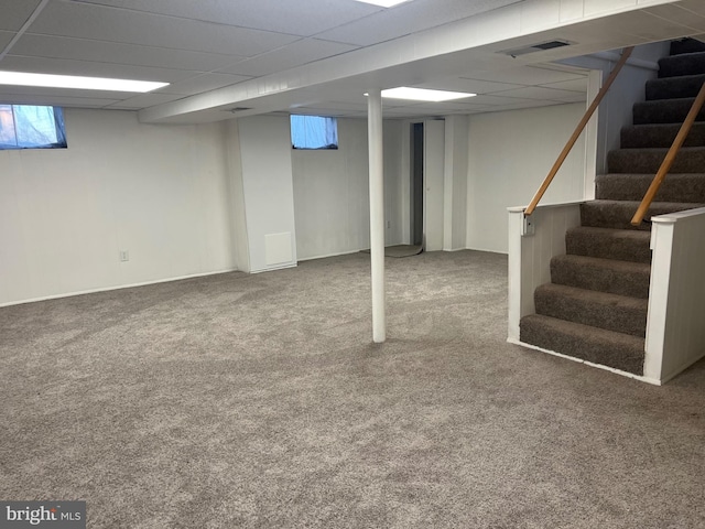 basement featuring carpet and a paneled ceiling