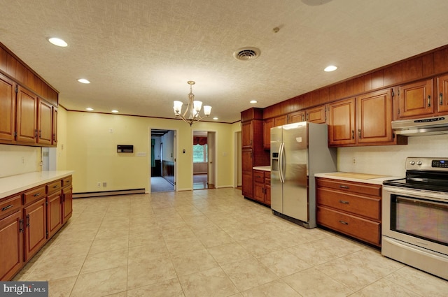 kitchen featuring hanging light fixtures, baseboard heating, range hood, appliances with stainless steel finishes, and a notable chandelier