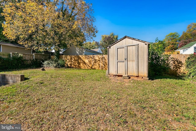 view of yard featuring a shed