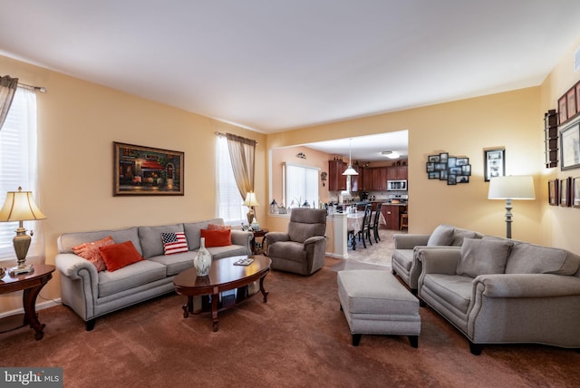 living room featuring dark colored carpet