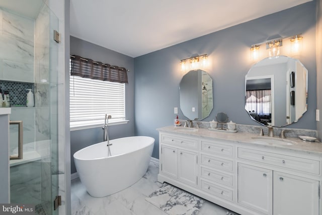 bathroom featuring separate shower and tub and vanity