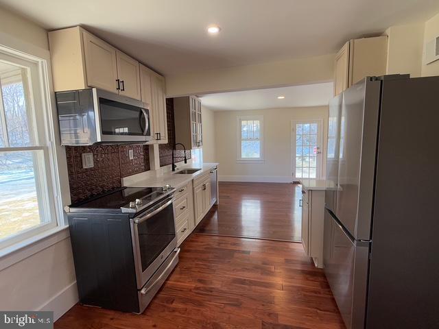 kitchen with dark hardwood / wood-style floors, tasteful backsplash, white cabinetry, sink, and stainless steel appliances