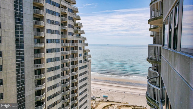 view of water feature with a beach view