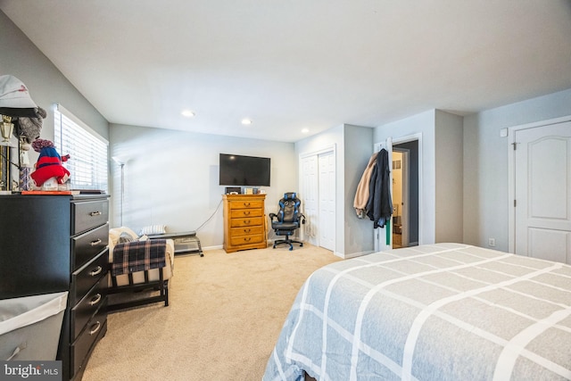 bedroom with carpet flooring and a closet