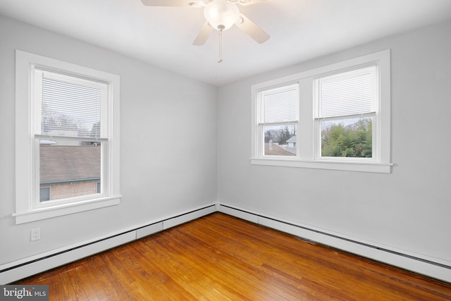 unfurnished room with hardwood / wood-style floors, plenty of natural light, a baseboard heating unit, and ceiling fan