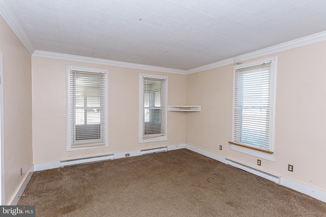 carpeted spare room with crown molding, a healthy amount of sunlight, and baseboard heating