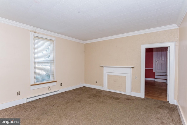 carpeted empty room featuring a fireplace, ornamental molding, and baseboard heating