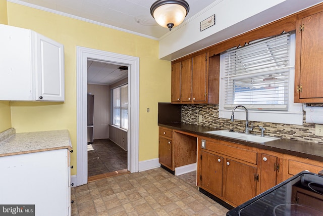 kitchen featuring ornamental molding, sink, a wealth of natural light, and decorative backsplash