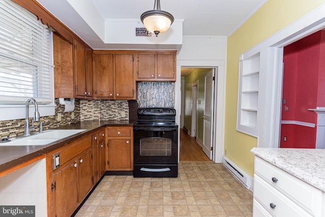 kitchen with tasteful backsplash, a baseboard radiator, sink, and electric range