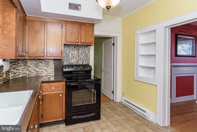 kitchen featuring sink, a baseboard radiator, ornamental molding, black range with electric stovetop, and decorative backsplash