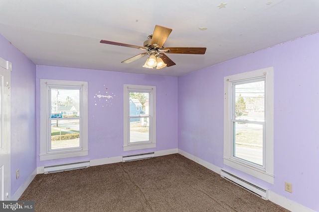 spare room featuring a baseboard radiator, ceiling fan, and carpet