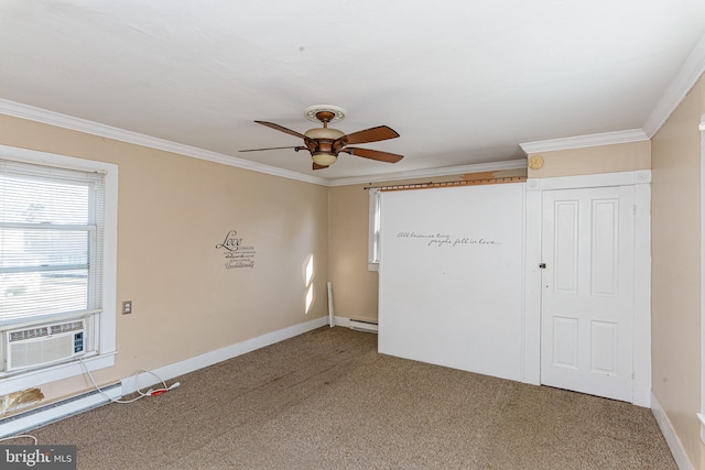 empty room with carpet floors, cooling unit, ornamental molding, ceiling fan, and baseboard heating