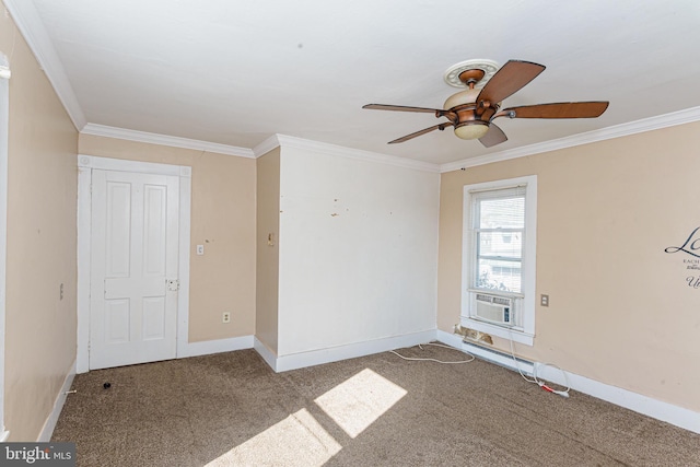 empty room with cooling unit, carpet floors, ornamental molding, and ceiling fan