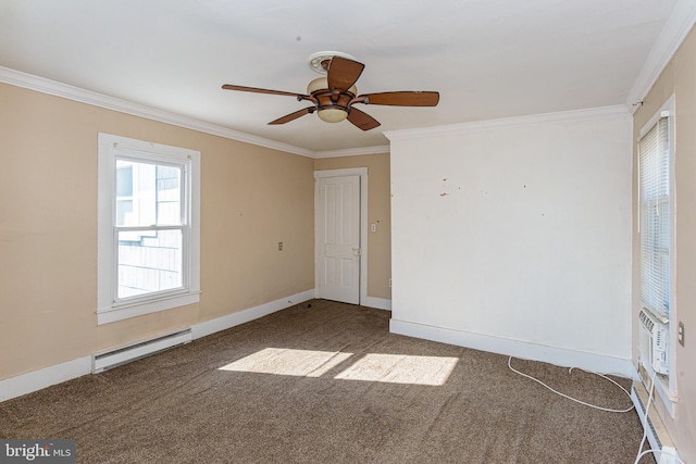 carpeted empty room with a baseboard radiator and crown molding