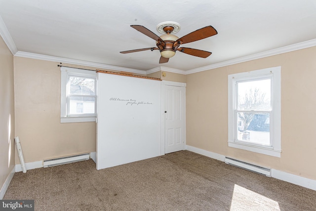 unfurnished bedroom featuring crown molding, carpet, a closet, and baseboard heating