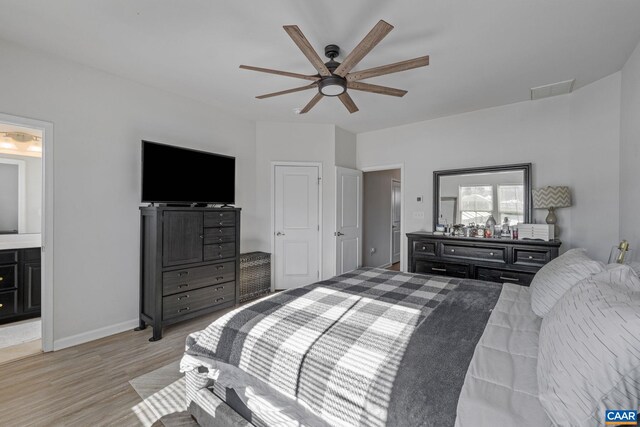 bedroom featuring ceiling fan, connected bathroom, and light hardwood / wood-style flooring