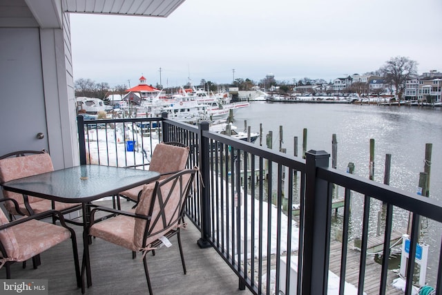 balcony with a water view and a boat dock