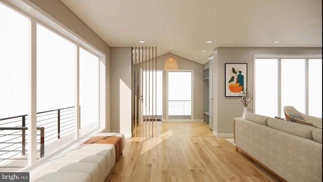 living room with light hardwood / wood-style floors and built in shelves