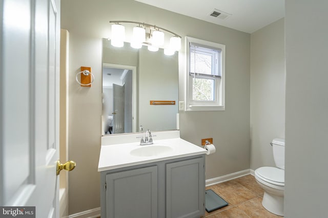 bathroom featuring vanity, tile patterned flooring, and toilet