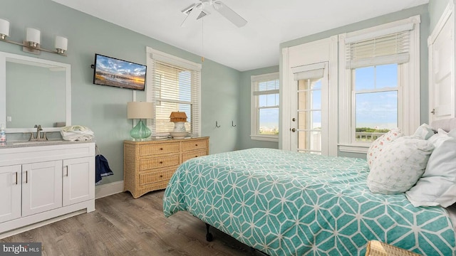 bedroom with ceiling fan, wood-type flooring, sink, and multiple windows