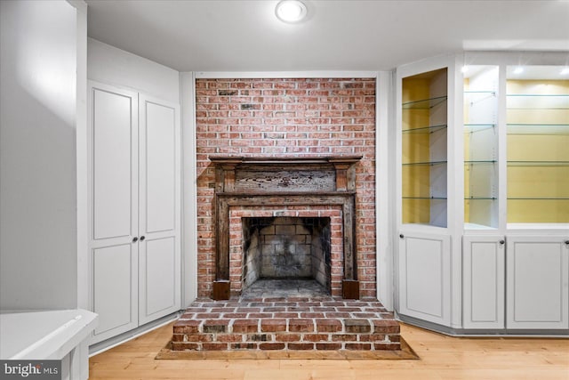 living room featuring a fireplace and light wood-type flooring