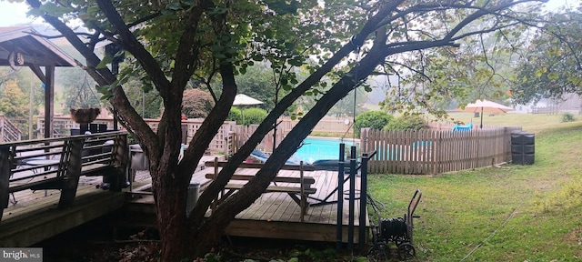 exterior space featuring a fenced in pool and a lawn