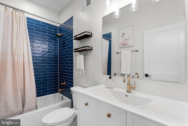 full bathroom featuring vanity, shower / bathtub combination with curtain, and toilet