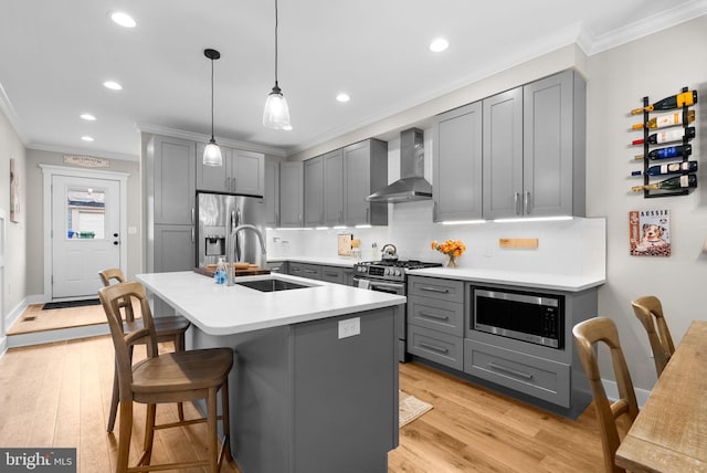 kitchen with gray cabinets, sink, wall chimney range hood, and appliances with stainless steel finishes