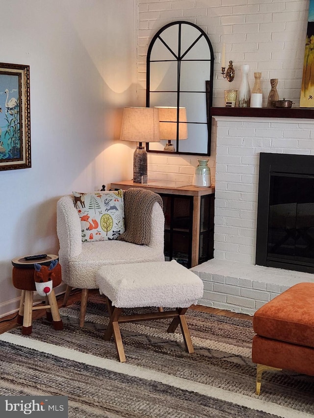 living area featuring a fireplace