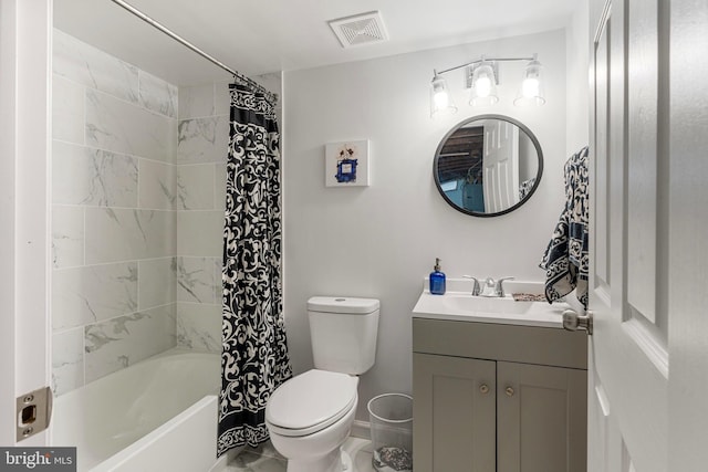 full bathroom with vanity, toilet, and shower / bathtub combination with curtain