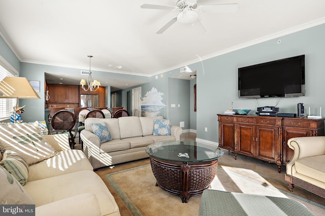 living room with crown molding and ceiling fan with notable chandelier