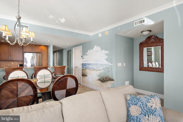 tiled dining space featuring crown molding and a chandelier