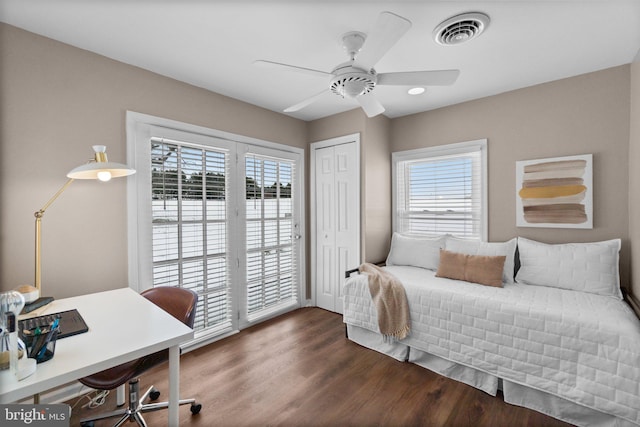 bedroom featuring ceiling fan, a closet, dark hardwood / wood-style floors, and multiple windows