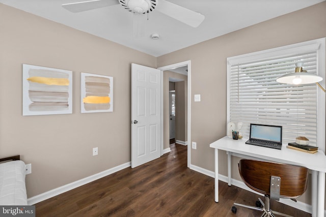 home office with ceiling fan and dark wood-type flooring